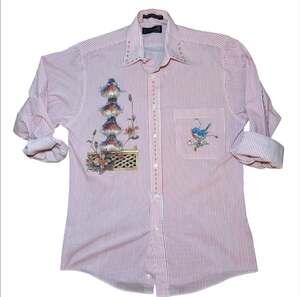 Vintage Marquis Bird‎ Embroidered Shirt Red Stripe Button Up Womens PL